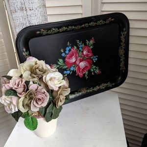 - Vintage Metal Tray Black Red Floral